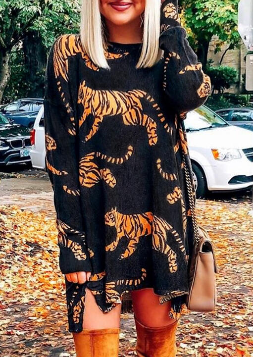 

Tiger Slit Long Sleeve Mini Dress - Black, 461582