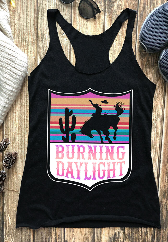 

Tank Tops Cactus Burning Daylight O-Neck Casual Tank in Black. Size