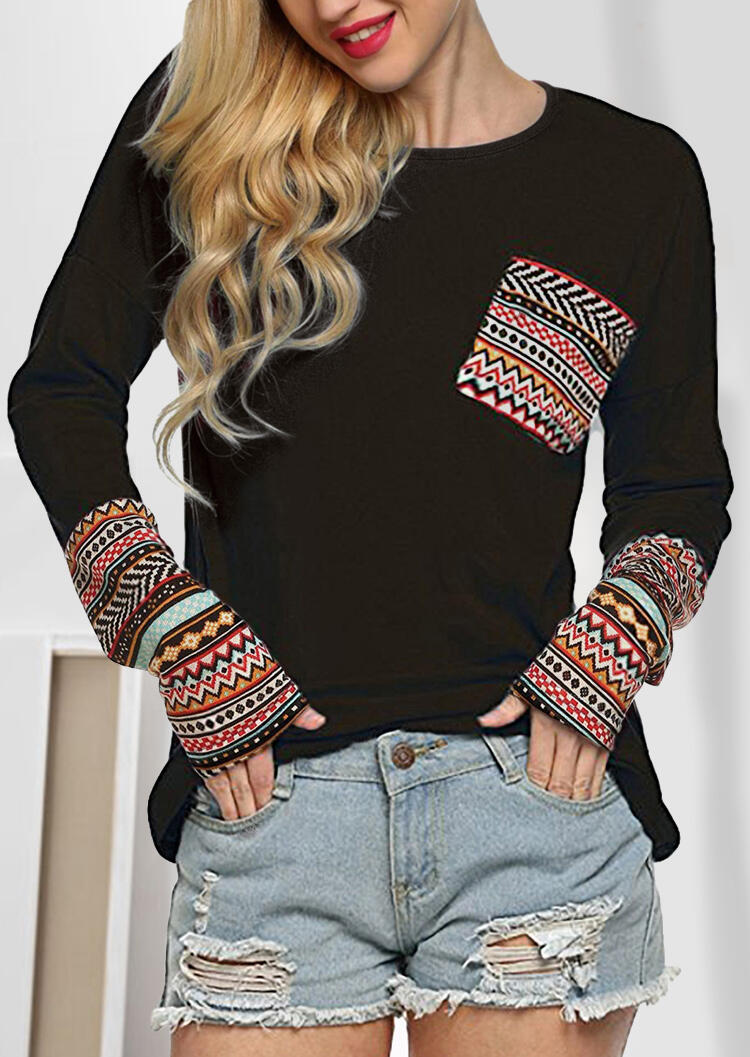 

Tees T-shirts Geometric Printed Pocket Long Sleeve T-Shirt Tee - Black. Size