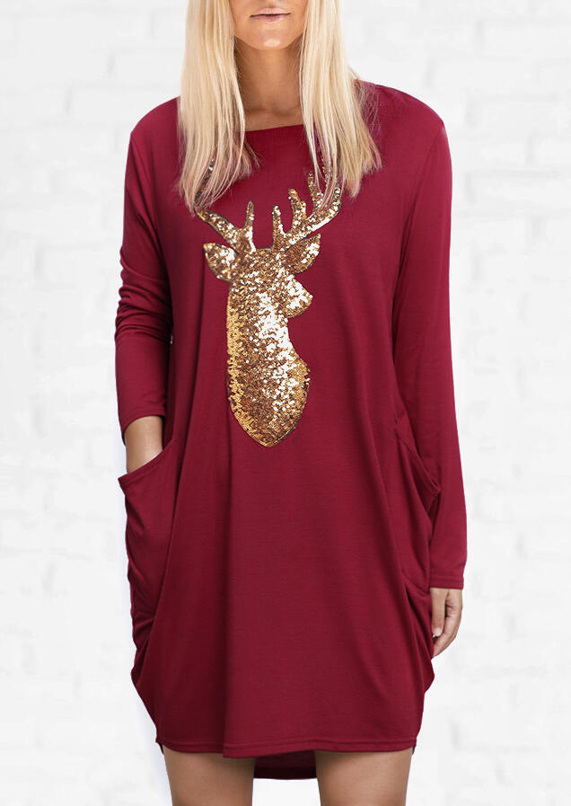 

Sequined Reindeer Asymmetric Pocket Mini Dress - Burgundy, 461607