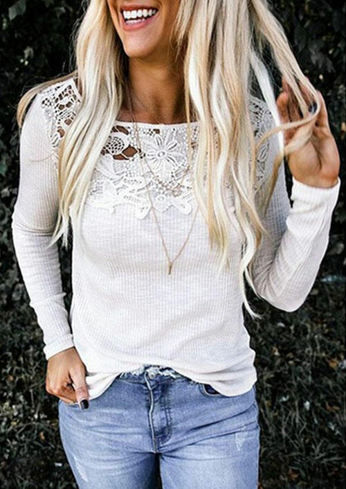 

Blouses Lace Splicing Hollow Out Blouse without Necklace - White. Size