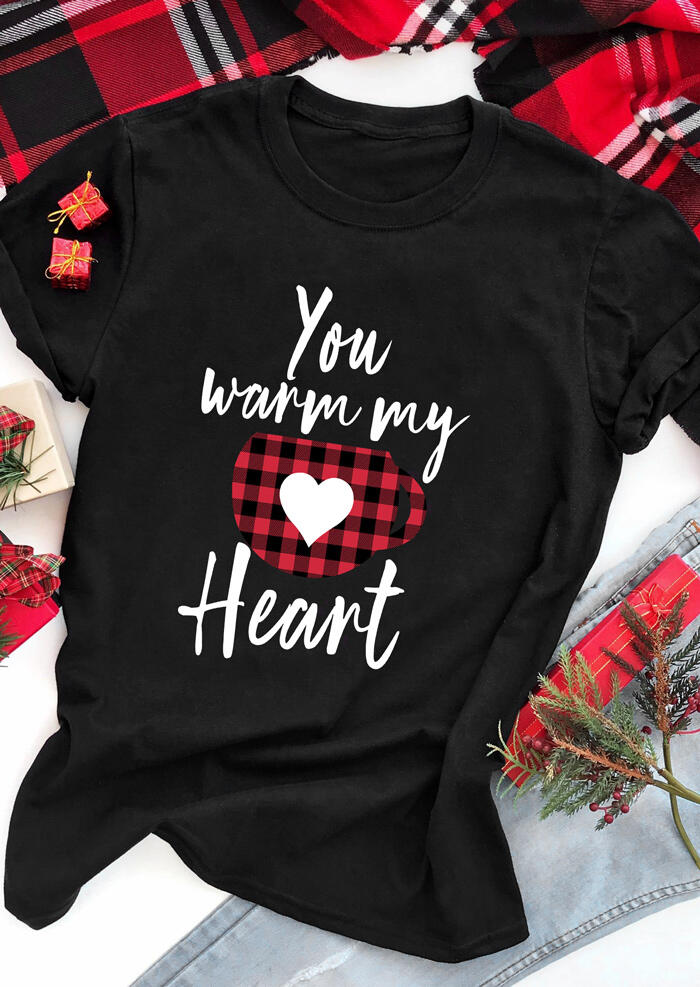 

Plaid Splicing You Warm My Heart T-Shirt Tee - Black, 461646