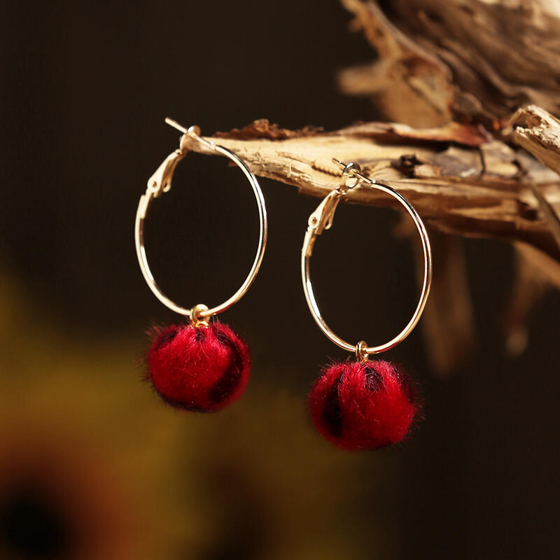 

Leopard Printed Pompon Ball Big Circle Earrings, Red;gray;light khaki, 461168
