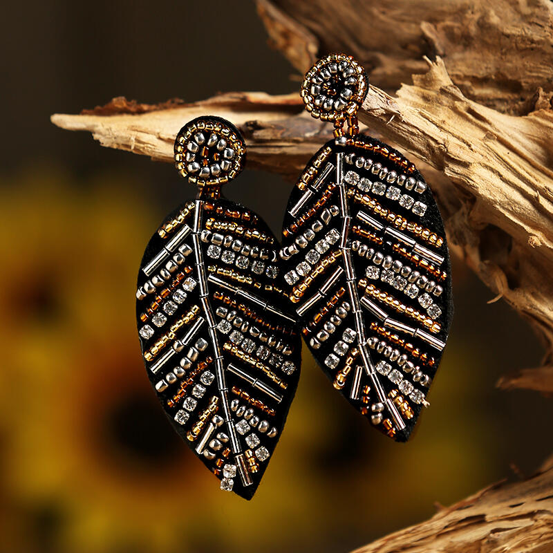 

Vintage Rhinestone Handmade Beading Leaf Earrings, Gold, 461173