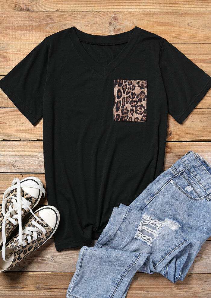 

Leopard Printed V-Neck T-Shirt Tee - Black, 461644