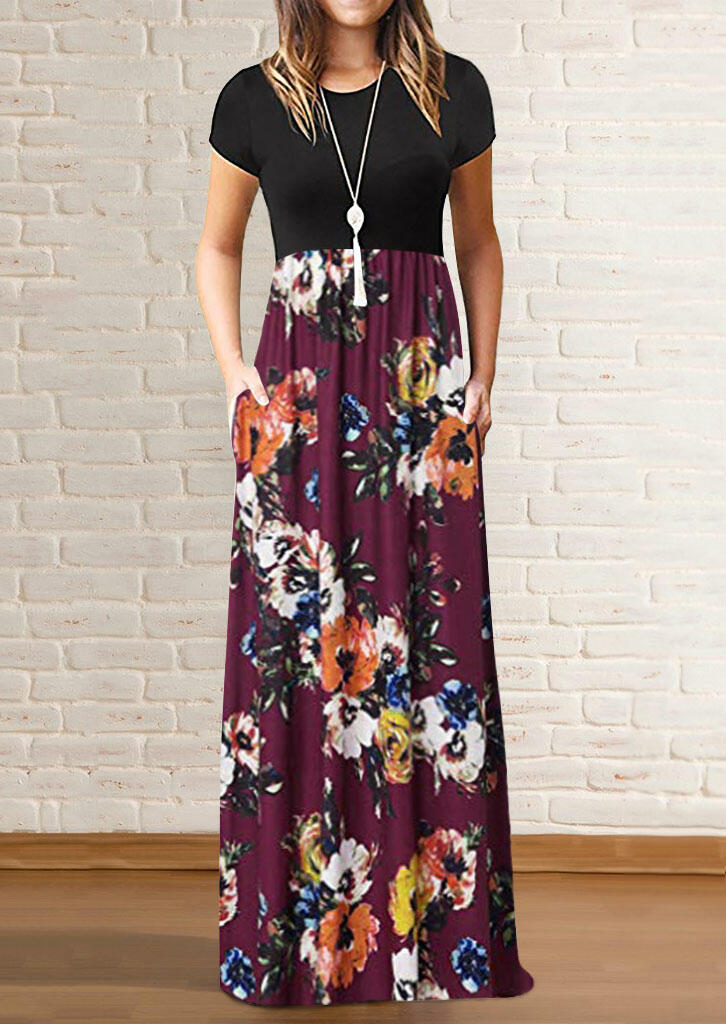 

Floral Pocket Maxi Dress without Necklace - Burgundy, 461663