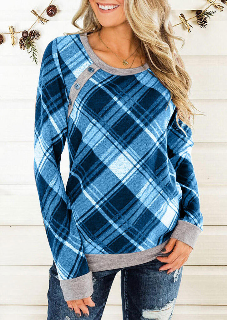 

Plaid Splicing Button Blouse without Necklace - Blue, 461714