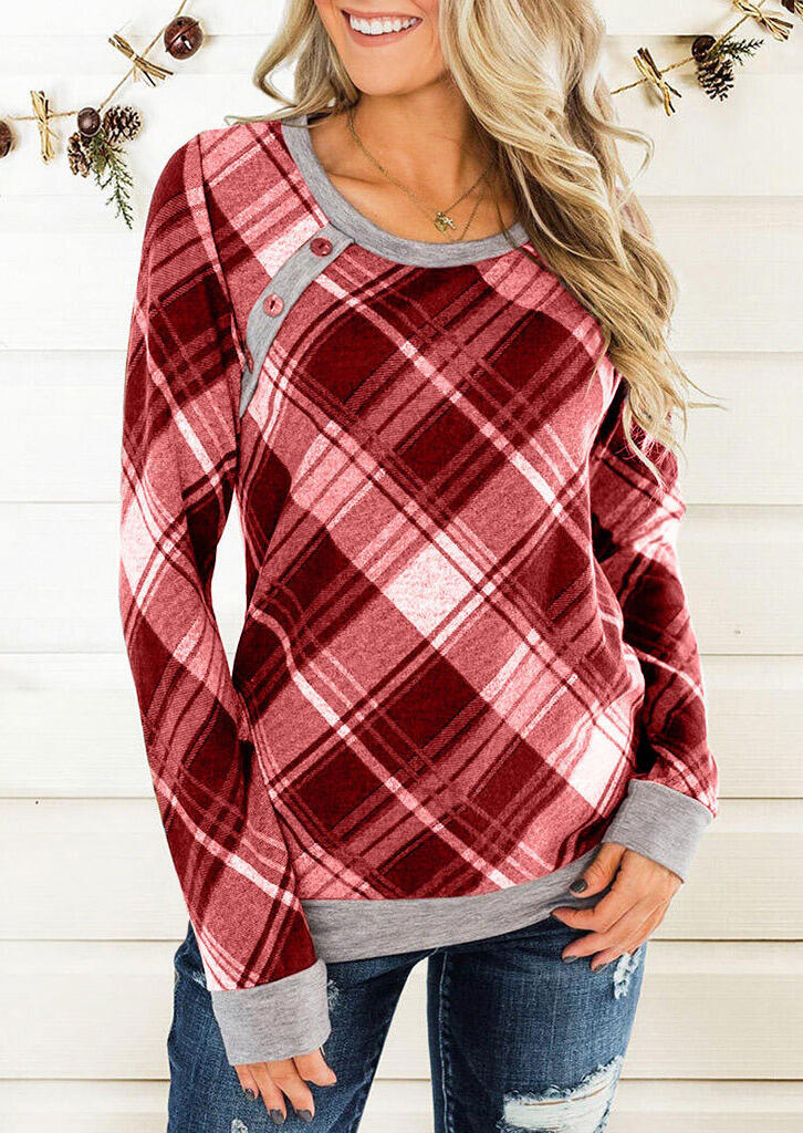 

Plaid Splicing Button Blouse without Necklace - Red, 461715