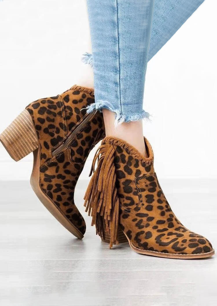 

Boots Leopard Printed Tassel Zipper Pointed Toe Boots. Size: ,39,40