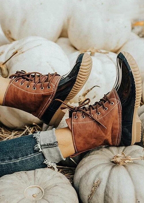 

Waterproof Color Block Lace Up Rain Boots, Brown, 461757