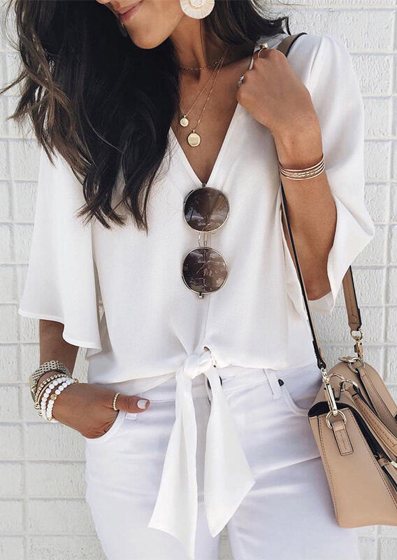 

Tie V-Neck Blouse without Necklace - White, 461789