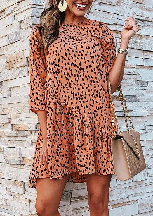 

Leopard Printed Ruffled Mini Dress without Necklace - Orange, 458710