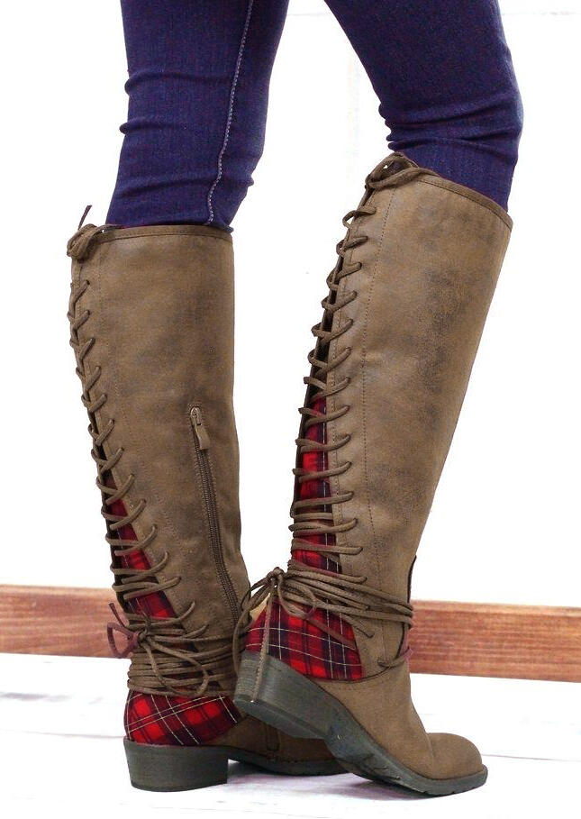 

Boots Plaid Splicing Lace Up Zipper Knee-High Boots in Brown. Size: ,38