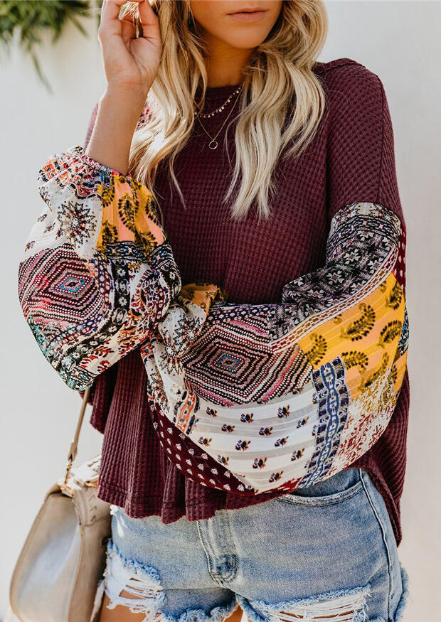

Geometric Printed Splicing Blouse without Necklace - Burgundy, 461727