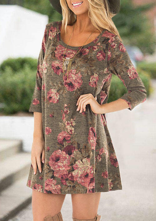 

Floral Three Quarter Sleeve Mini Dress without Necklace - Coffee, 461798