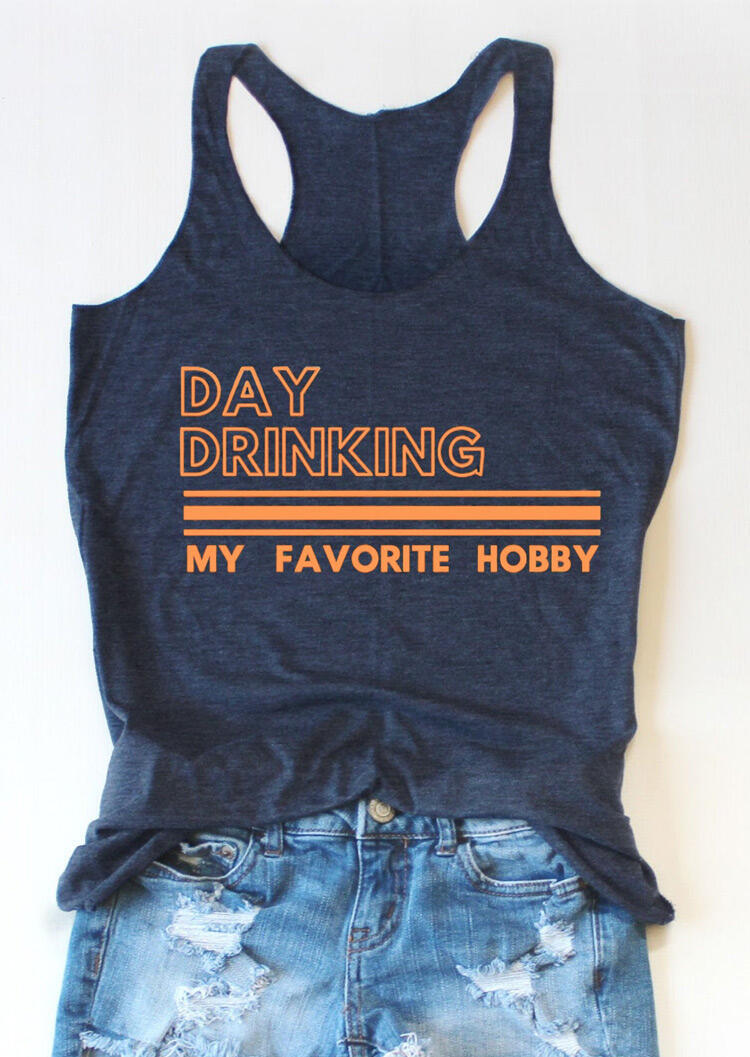 Tank Tops Day Drinking My Favorite Hobby Racerback Tank Top - Navy Blue in Blue. Size: L,M,S