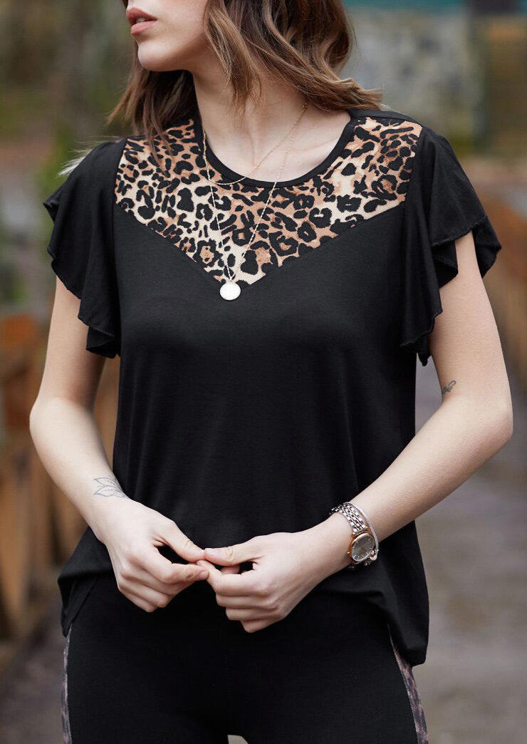 

Leopard Printed Splicing Blouse without Necklace - Black, 461826