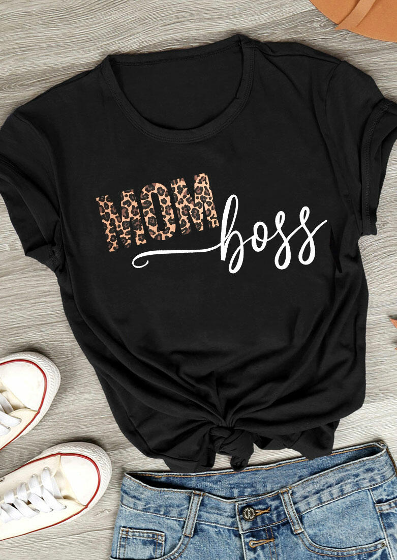 Leopard Printed Mom Boss T-Shirt Tee - Black