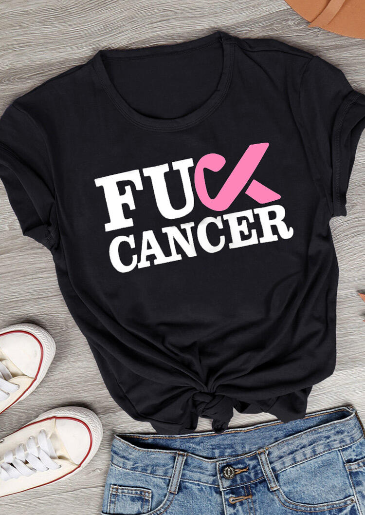 

Fuck Cancer Pink Ribbon O-Neck T-Shirt Tee - Black, 461843