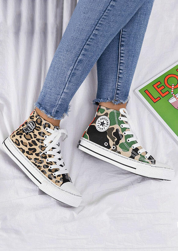 

Left Camo and Right Leopard Print Lace Up High Top Canvas Sneakers