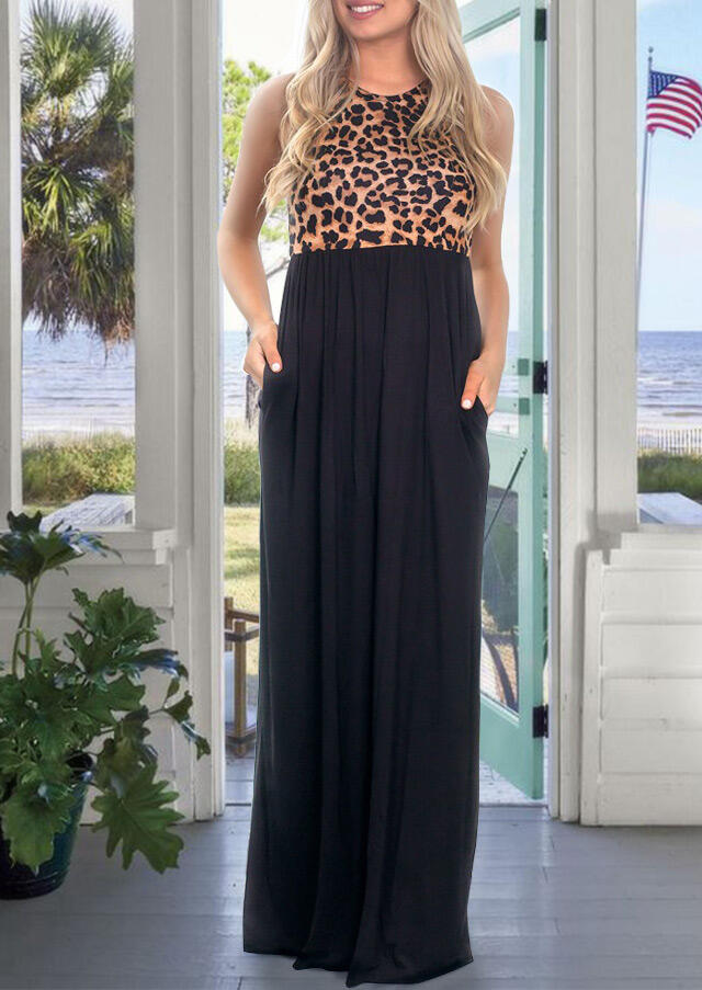 

Leopard Printed Splicing Pocket Maxi Dress, 461852