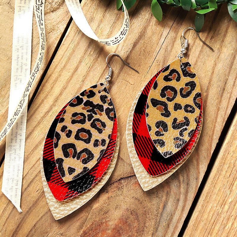 

Plaid Leopard Printed Three-Layered Earrings, Multicolor, 457289