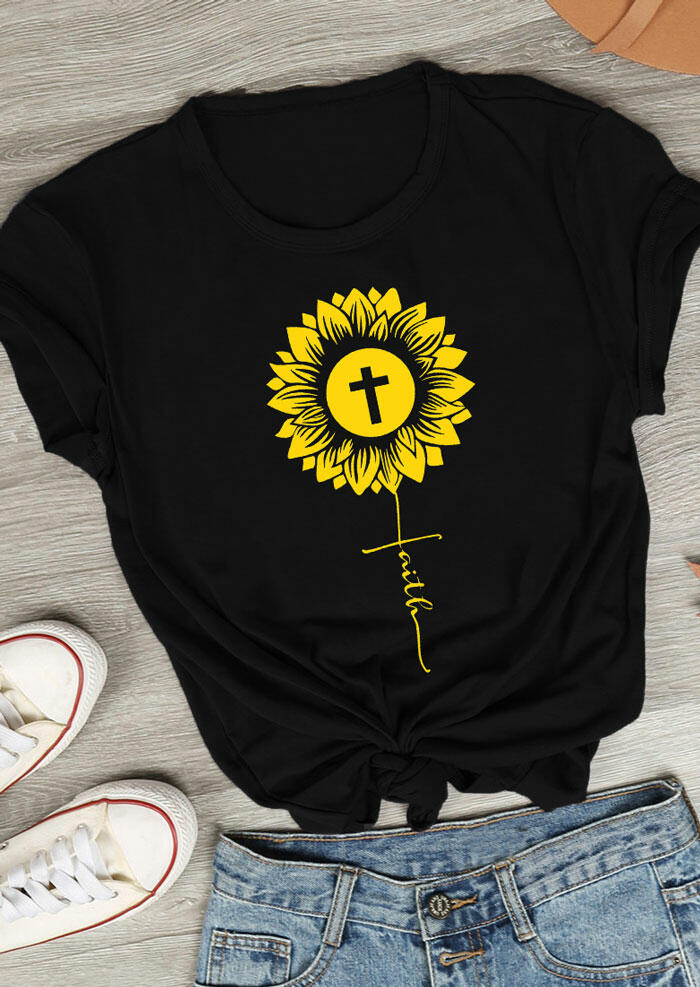 

Sunflower Faith Cross O-Neck T-Shirt Tee - Black, 461930