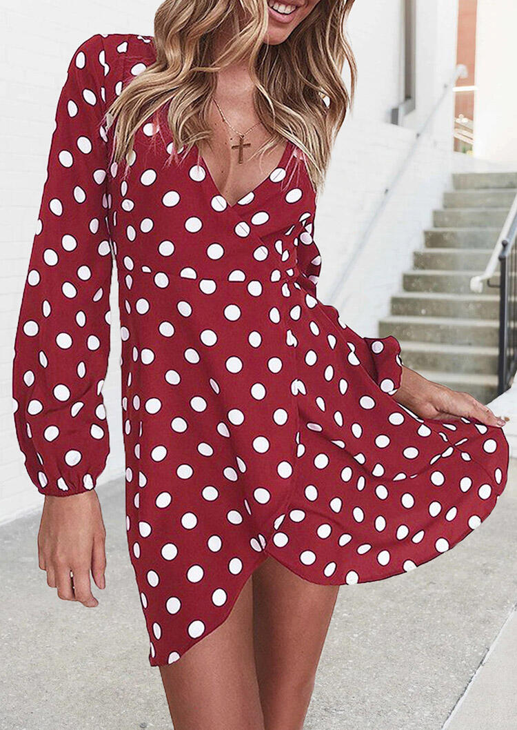 

Polka Dot Irregular V-Neck Mini Dress without Necklace - Burgundy, 461954