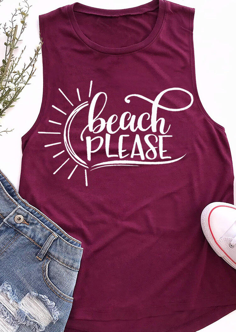 

Tank Tops Beach Please O-Neck Casual Tank in Purple. Size