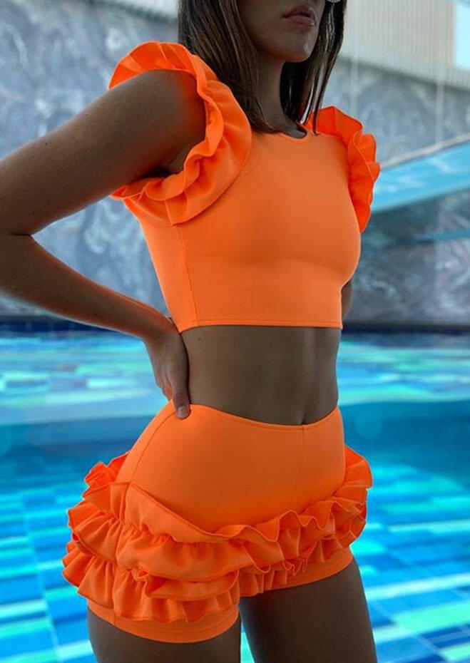 Somen's Swim Crop Top and Shorts Fashion Ruffled Tankini in Orange. Size: L,M,XL