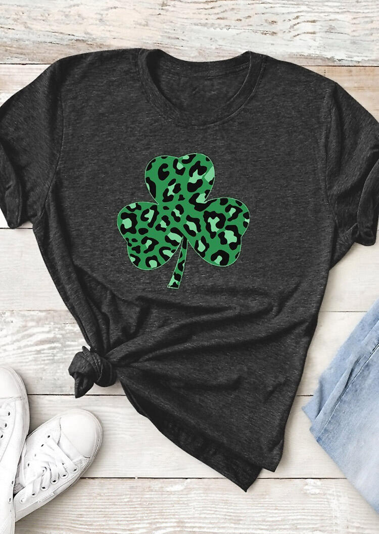 

St. Patrick' Day Leopard Printed Lucky Shamrock T-Shirt Tee - Dark Grey, 461977