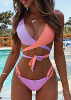 Color Block Splicing Tie Bikini Set without Necklace - Multicolor