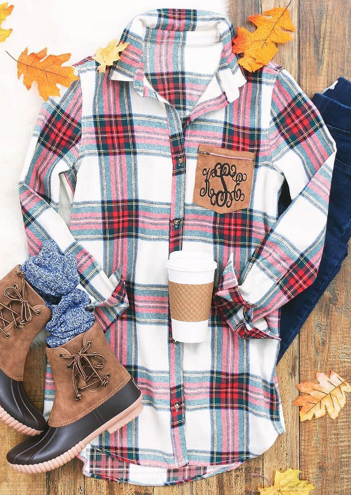 

Monogrammed Plaid Button Pocket Asymmetric Shirt - Red, 461758