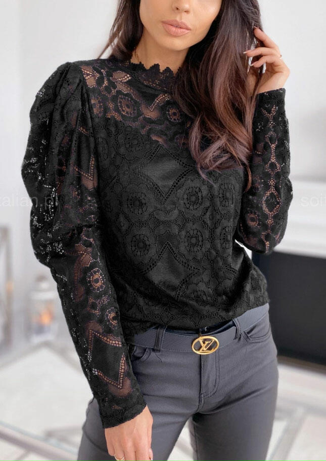 

Black Sheer Lace Floral Long Sleeve Blouse Top for Women