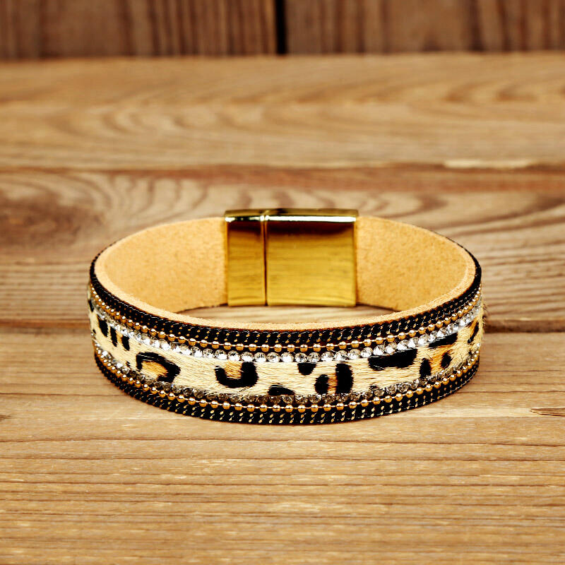 

Leopard Printed Rhinestone Magnet Buckle Bracelet, Khaki, 462026