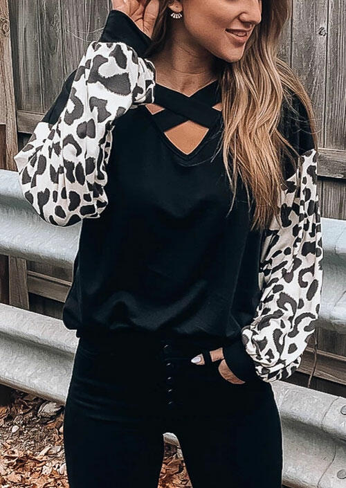 

Leopard Printed Splicing Criss-Cross Blouse - Black, 462028