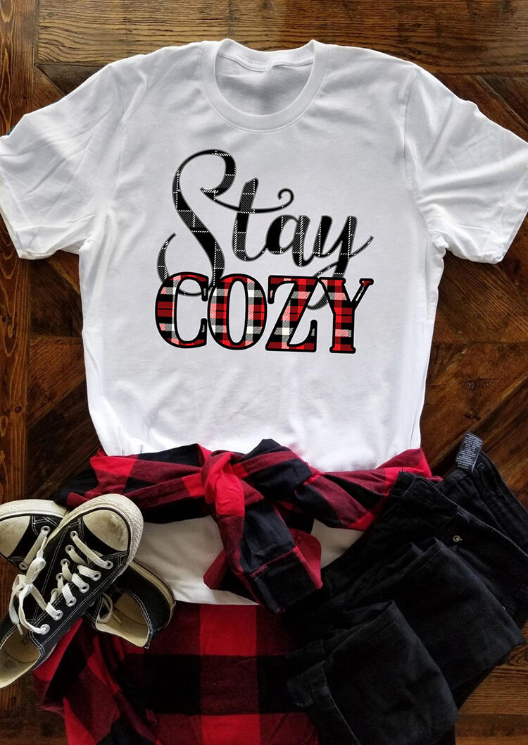 

Stay Cozy Plaid Printed Splicing T-Shirt Tee - White, 462032