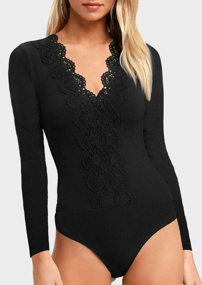 Lace Splicing Long Sleeve One Piece Bodysuit without Necklace – Black