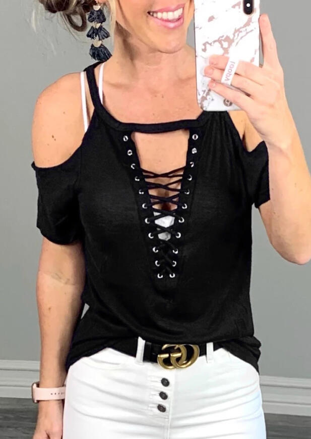 

Blouses Criss-Cross Cold Shoulder Blouse - Black. Size