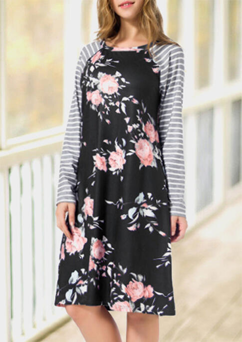 

Casual Dresses Floral Striped Splicing O-Neck Casual Dress - Black. Size