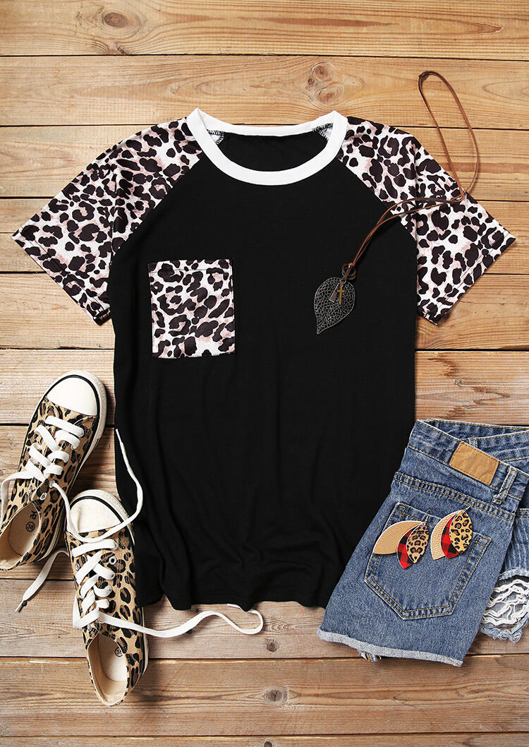 

Leopard Printed Splicing Pocket T-Shirt Tee - Black, 462138
