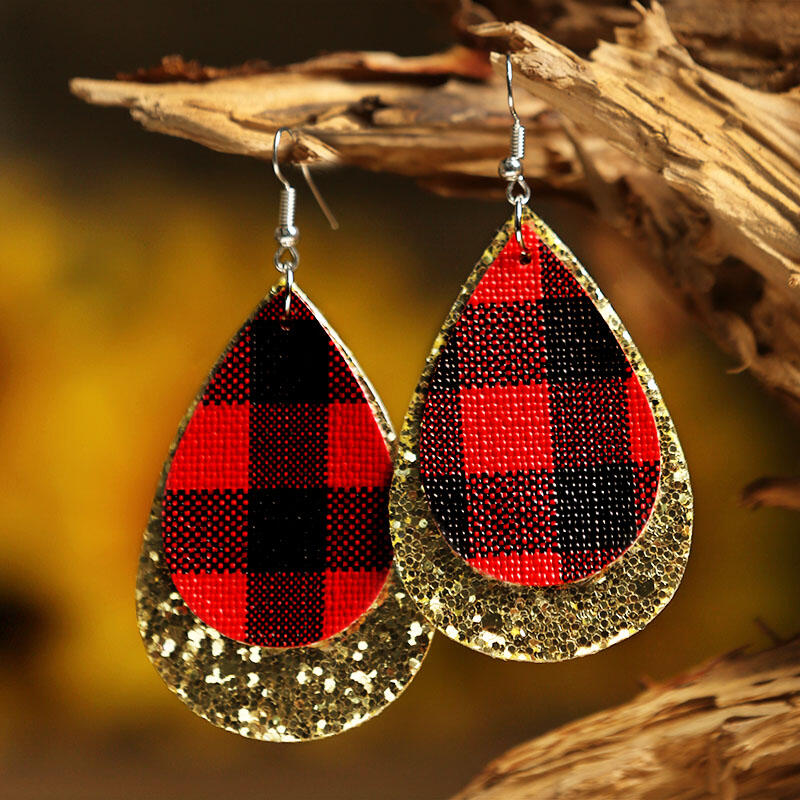 

Plaid Sequined Dual-Layered Leather Earrings, Gold;silver, 462160