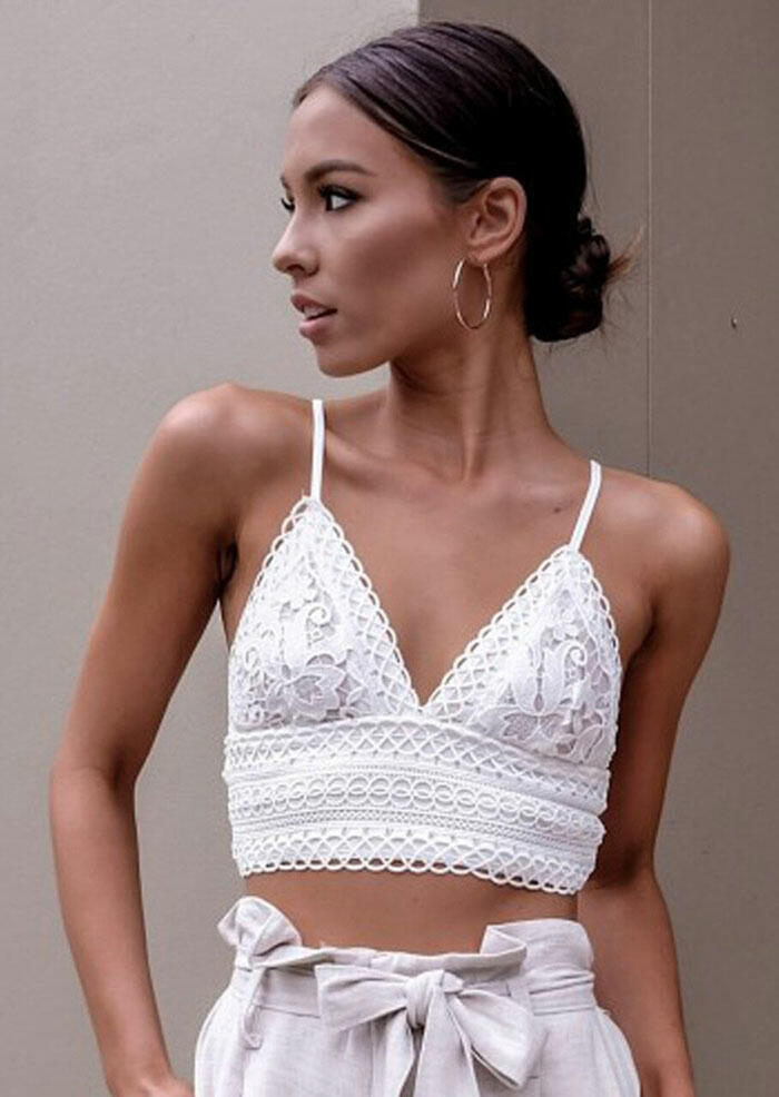 Lace Splicing V-Neck Crop Top – White