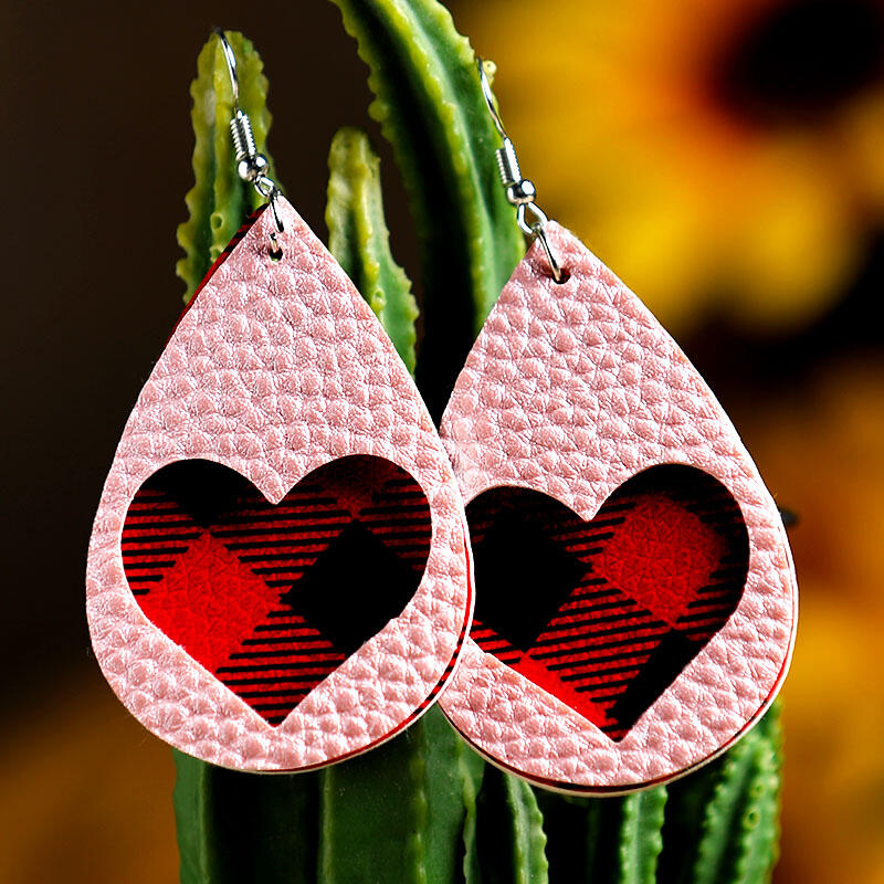 

Plaid Love Heart Dual-Layered PU Leather Earrings, Pink;yellow, 462226