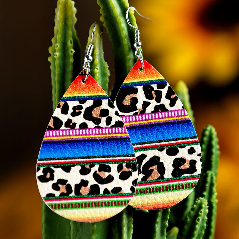 

Leopard Printed Rainbow Serape Striped PU Leather Earrings, 462233