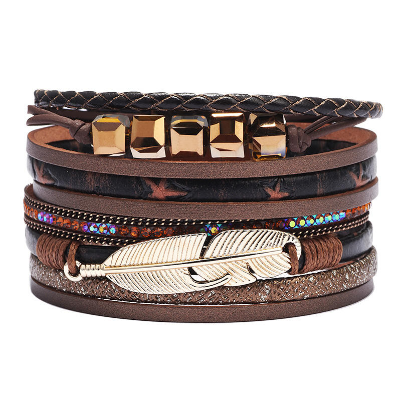 

Vintage Feather Bead Multi-Layered Bracelet, Blue;brown;pink, 462280