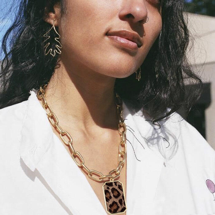 

Necklaces Leopard Printed Square Pendant Necklace in Gold. Size