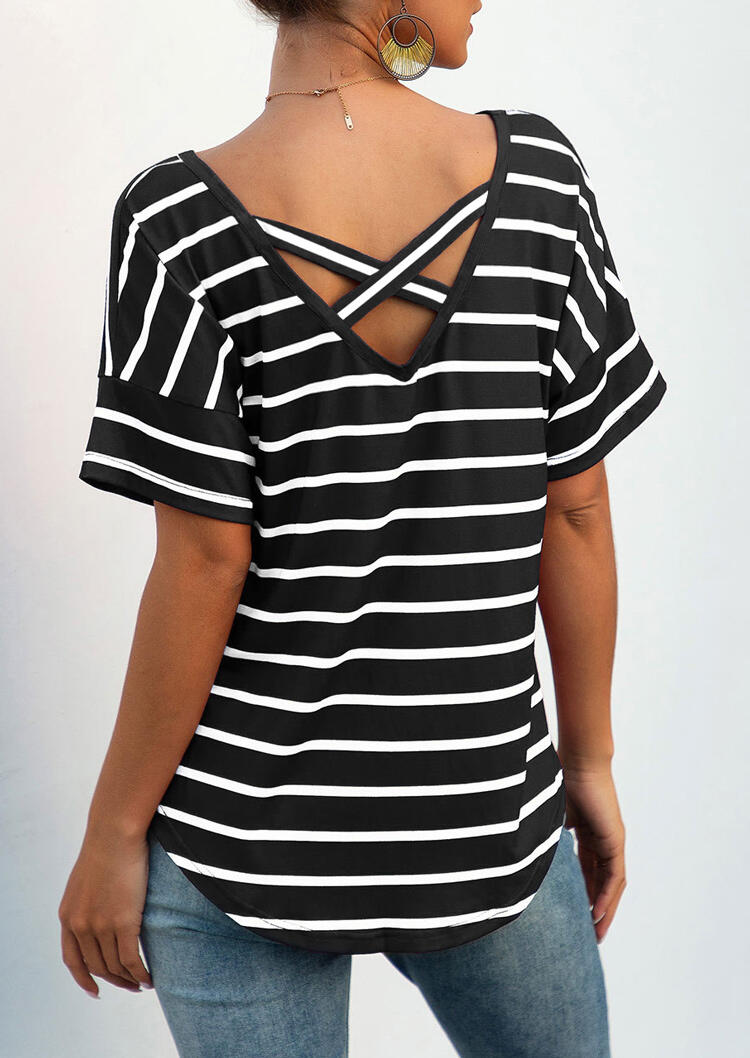 

Striped Tie Criss-Cross Blouse without Necklace - Black, 462352
