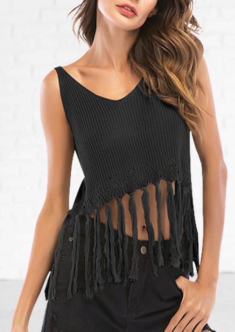 

Tank Tops Tassel Splicing V-Neck Camisole - Black. Size