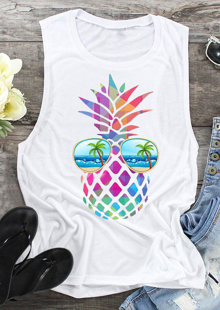 Colorful Pineapple Sunglasses Beach Tank - White